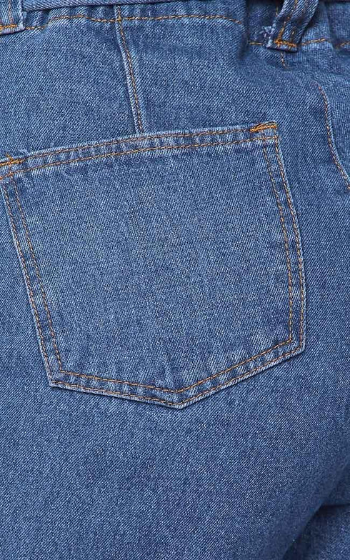 Belted Front Tie Denim Mom Jeans in Classic Denim - SohoGirl.com